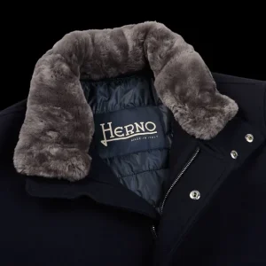 Herno Coats & Jackets | Navy Diagonal Wool Fur Car Coat