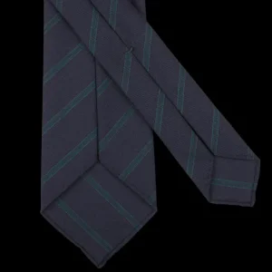 Dreaming Of Monday Ties | Navy Green Striped 7-Fold Super 100S Wool Tie