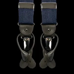 Albert Thurston Braces | Navy Linen And Brown Leather 35 Mm Braces