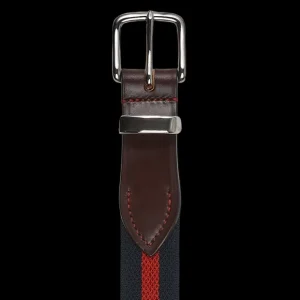 Hardy Parsons Belts | Navy Striped Canvas Brown Leather 35Mm Belt