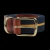 Hardy Parsons Belts | Navy Striped Canvas Cognac Leather 35Mm Belt