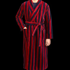 Derek Rose Loungewear | Navy Striped Cotton Velour Towelling Gown