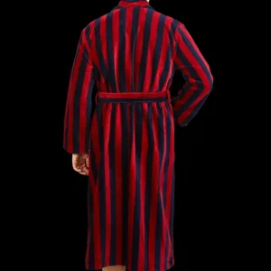 Derek Rose Loungewear | Navy Striped Cotton Velour Towelling Gown