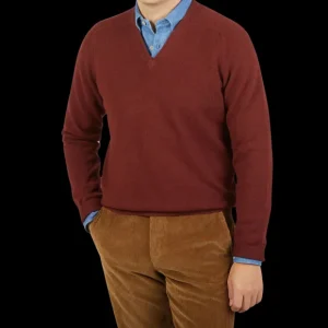 Alan Paine Knitwear | Nebula Red Brown Lambswool V-Neck