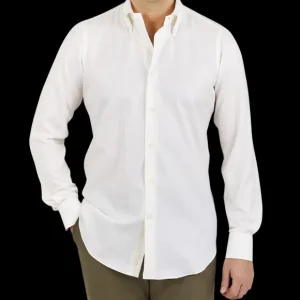 Mazzarelli Shirts | Off White Cotton Twill Button Down Slim Shirt