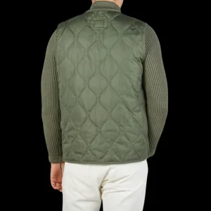 Taion Gilets | Olive Green Nylon Down V-Neck Button Vest