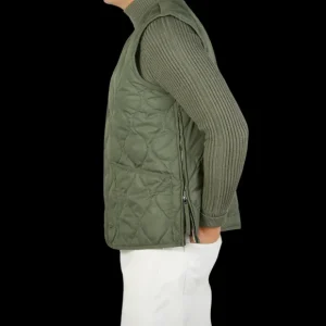Taion Gilets | Olive Green Nylon Down V-Neck Button Vest