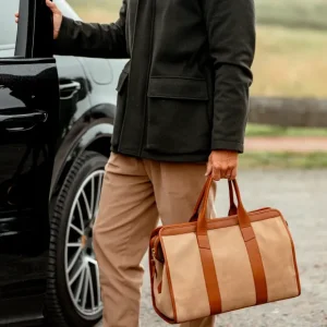 Frank Clegg Weekend Bags | Sand Suede Cognac Leather Small Travel Duffle