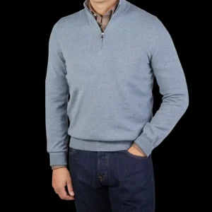 Gran Sasso Sweaters | Steel Blue Cashmere 1/4 Zip Sweater