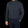 Gran Sasso Knitwear | Steel Blue Wool Cable Knit Roll Neck