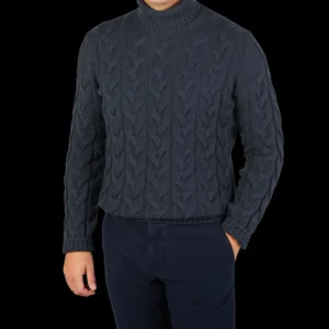 Gran Sasso Knitwear | Steel Blue Wool Cable Knit Roll Neck