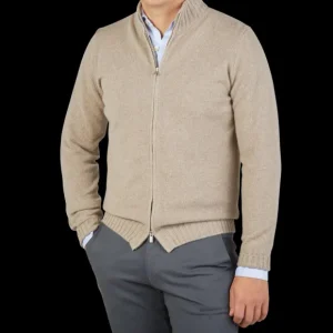 Filippo de Laurentiis Knitwear | Taupe Beige Wool Cashmere Zip Cardigan