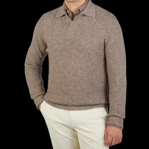 Altea Sweaters | Taupe Melange Wool Cashmere Ls Polo