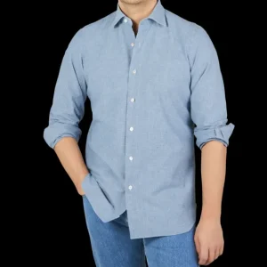 Finamore Shirts | Washed Blue Cotton Chambray Casual Shirt