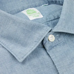 Finamore Shirts | Washed Blue Cotton Chambray Casual Shirt