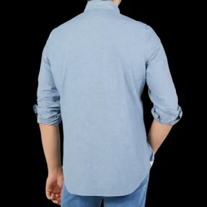 Finamore Shirts | Washed Blue Cotton Chambray Casual Shirt