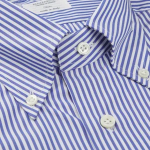 Mazzarelli Shirts | White Blue Striped Cotton Bd Slim Shirt