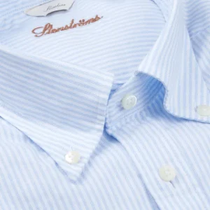 Stenströms Shirts | White Blue Striped Cotton Oxford Slimline Shirt
