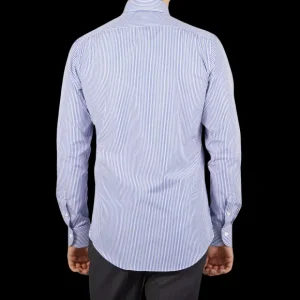 Mazzarelli Shirts | White Blue Striped Cotton Bd Slim Shirt