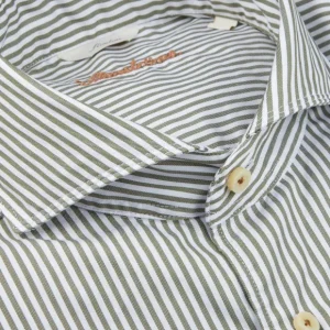 Stenströms Shirts | White Green Striped Cotton Slimline Shirt